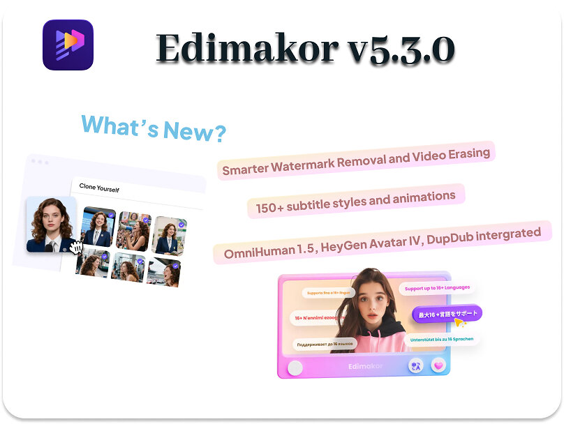 Edimakor V5.3.0 Introduces Smarter Watermark Removal, Video Translation, AI Avatar & LUT Filters